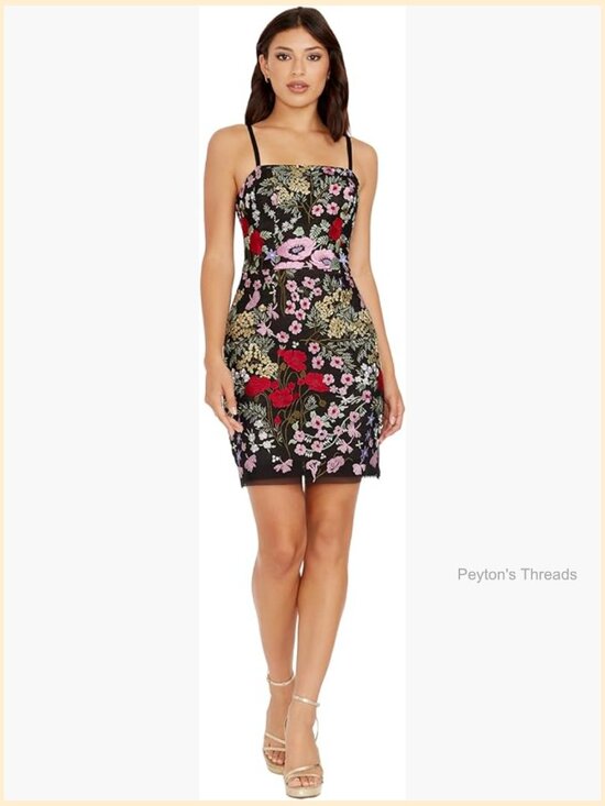 Dresses & Skirts - Bodycon Mini Dress with Floral Embroidery Square Neck